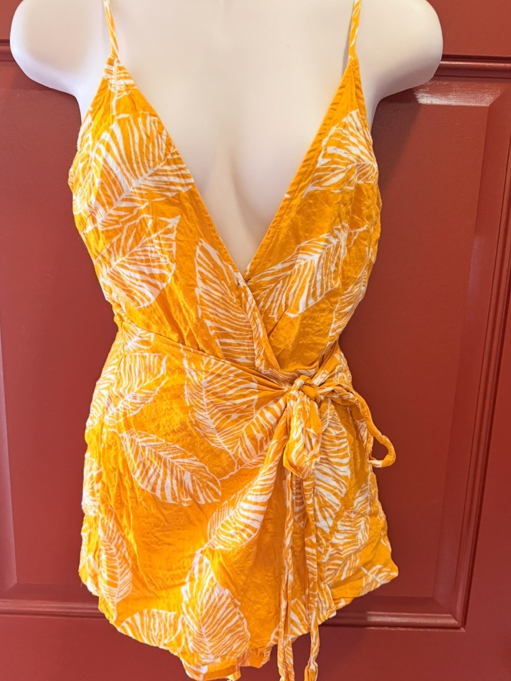 SHEIN Palm Print Tropical Vacation Faux Wrap Romper- Yellow, XS